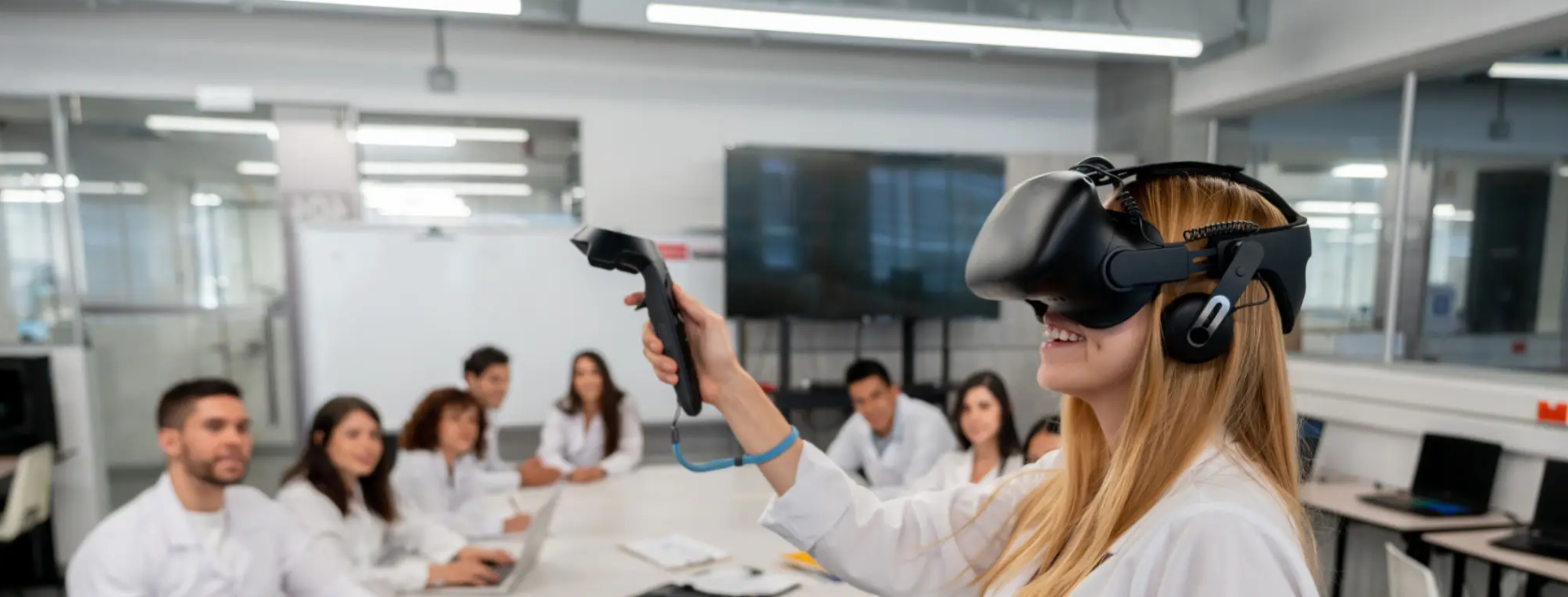 Woman in lab coat using VR headset for training
