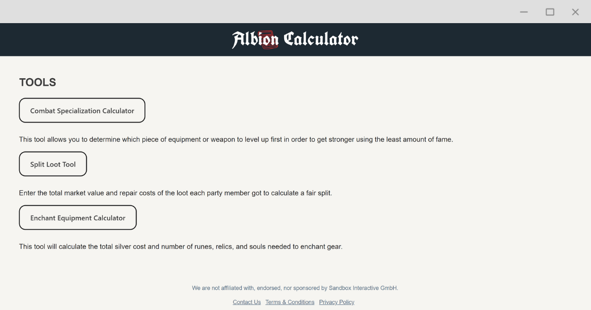 Screenshot of the Albion Calculator website