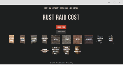 Screenshot of the Rust Raid Cost website